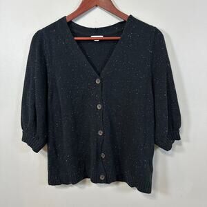 J. Jill Medium Petite Black Cardigan Sweater Button Speckle 1/2 Sleeves Knit